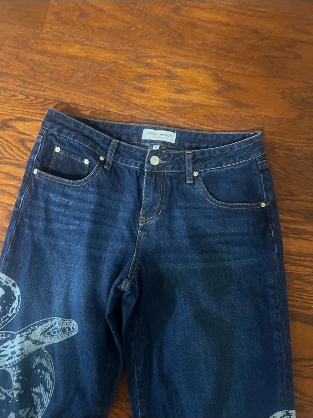 Ashley Mason Dark Blue Straight Leg Jeans with Snake Graphic